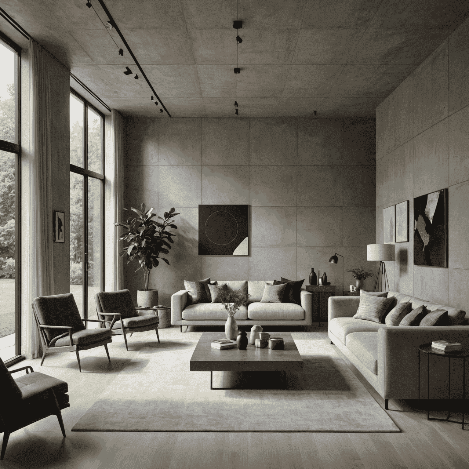 A modern, minimalist living room showcasing innovative materials such as textured concrete walls, large glass panels, and sleek metallic furniture. The space is bathed in natural light, emphasizing the interplay between different textures and surfaces.