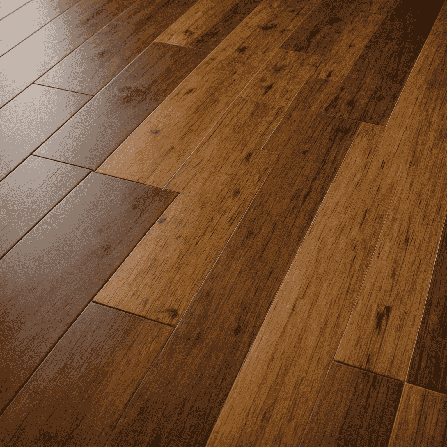 Close-up of sustainable bamboo flooring planks, showcasing the natural grain and warm tones of the material in a modern interior setting