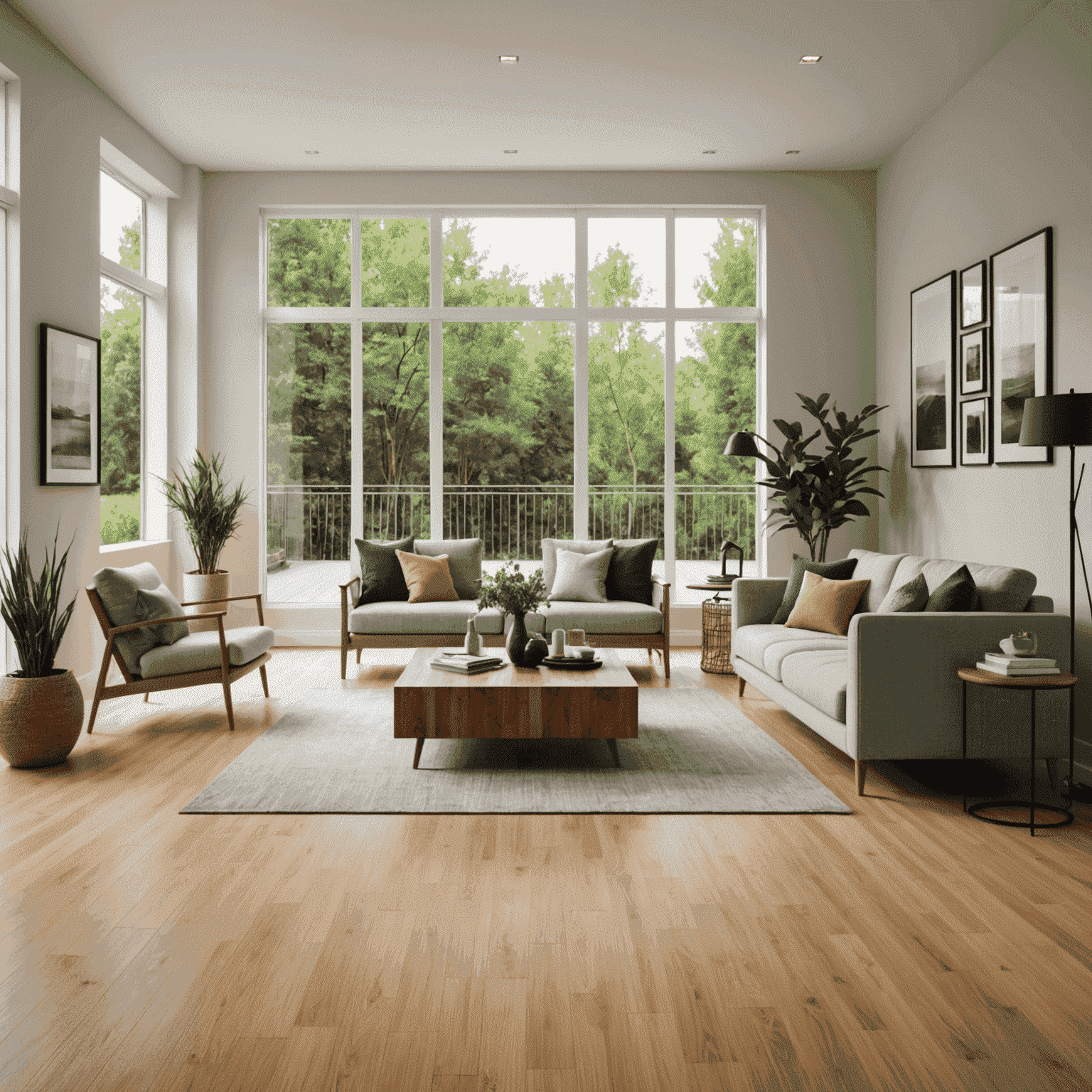 A modern living room with sleek bamboo flooring, showcasing its light color and smooth texture. The room features minimalist furniture and large windows, emphasizing the flooring's natural beauty.