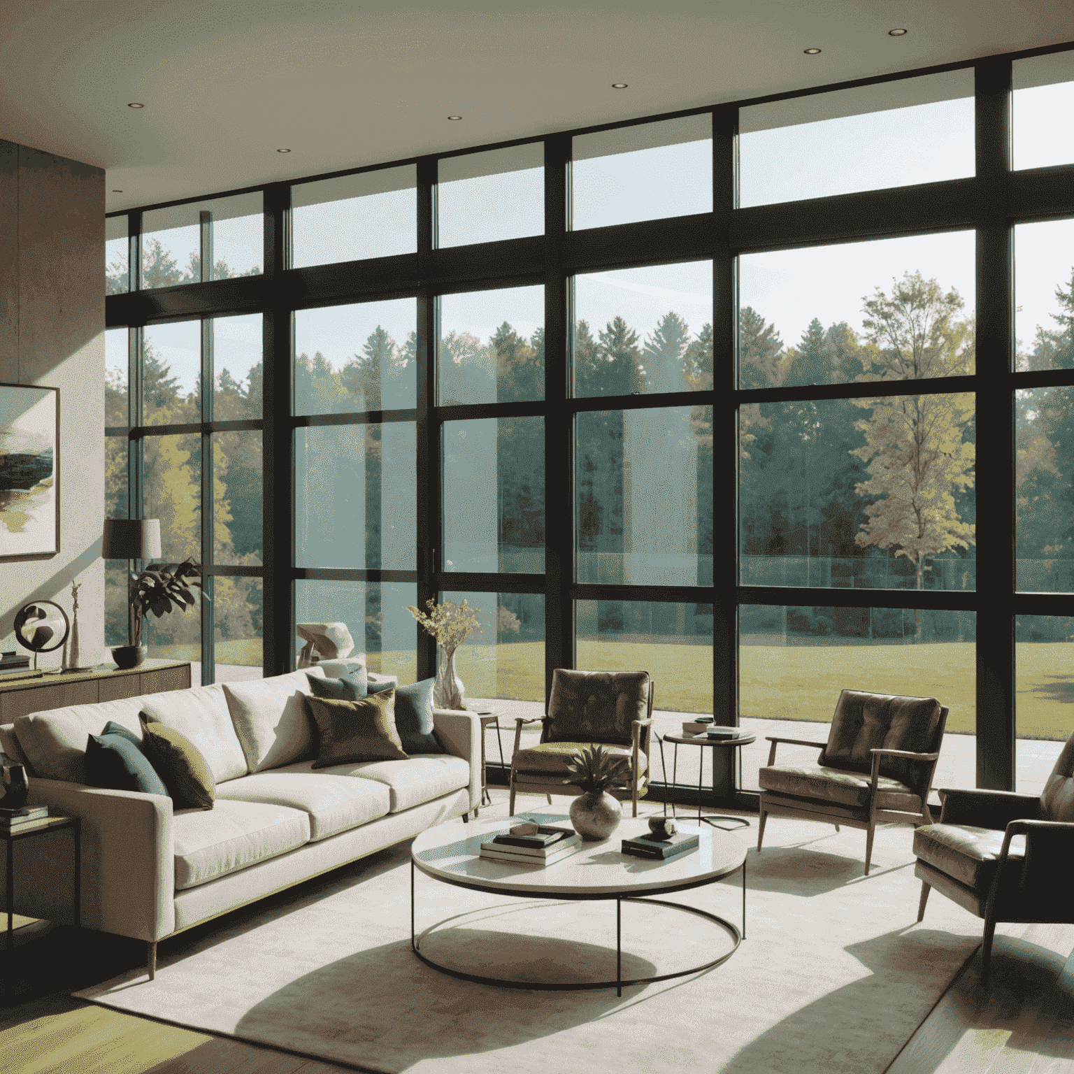 A living room with large smart glass windows, transitioning from transparent to opaque, showcasing the versatility of smart glass technology in a modern interior setting