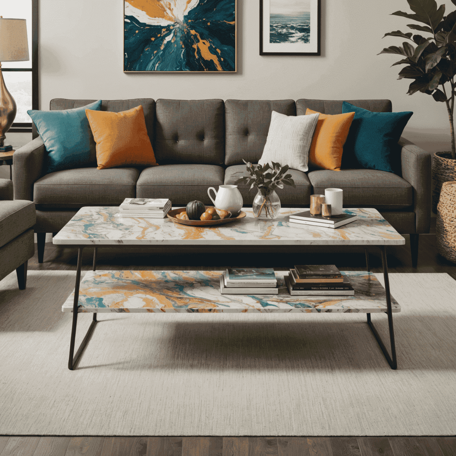A stylish living room featuring furniture and decor made from recycled plastic, showcasing a sleek coffee table with a marbled effect and colorful accent pieces