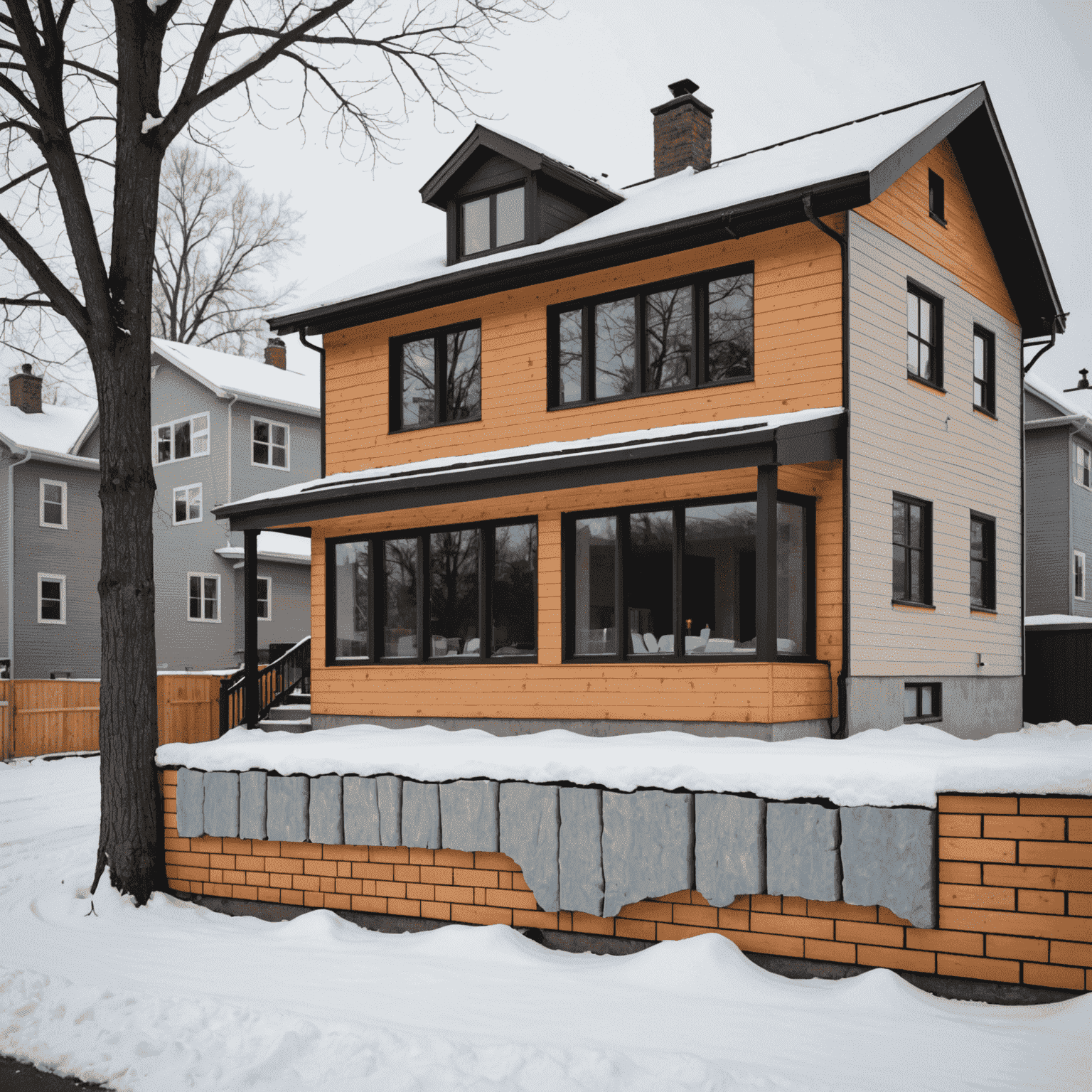 A cross-section of a wall showing nano-ceramic insulation layers, with a Canadian home in the background during winter