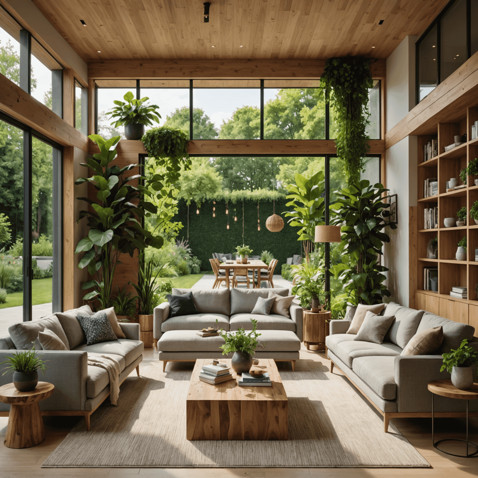 A modern living room with large windows overlooking a lush garden, featuring natural wood elements, living walls, and eco-friendly furniture made from recycled materials