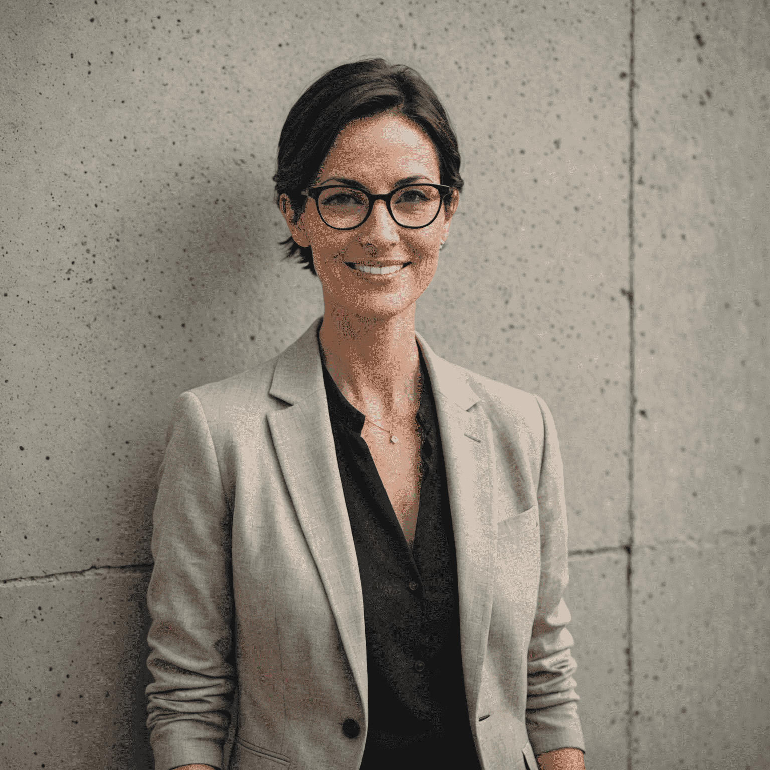 Portrait of Sarah Thompson, a woman in her mid-30s with short dark hair and glasses, smiling confidently. She's wearing a sleek, modern blazer in a neutral tone, standing in front of a textured concrete wall.