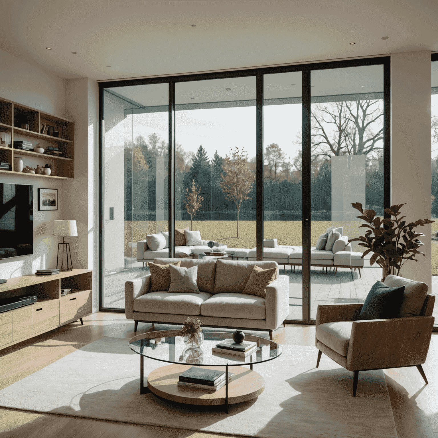 Demonstration of smart glass technology in a contemporary living room, showing the glass transitioning from transparent to opaque