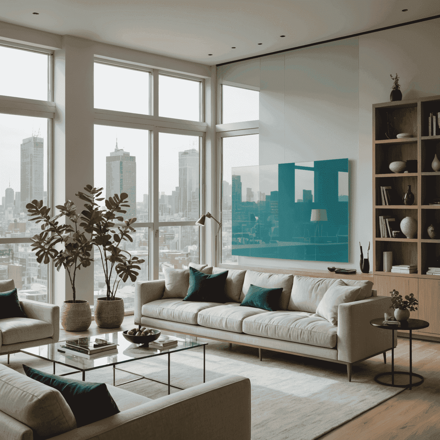 Demonstration of smart glass technology transitioning from transparent to opaque in a modern living room setting