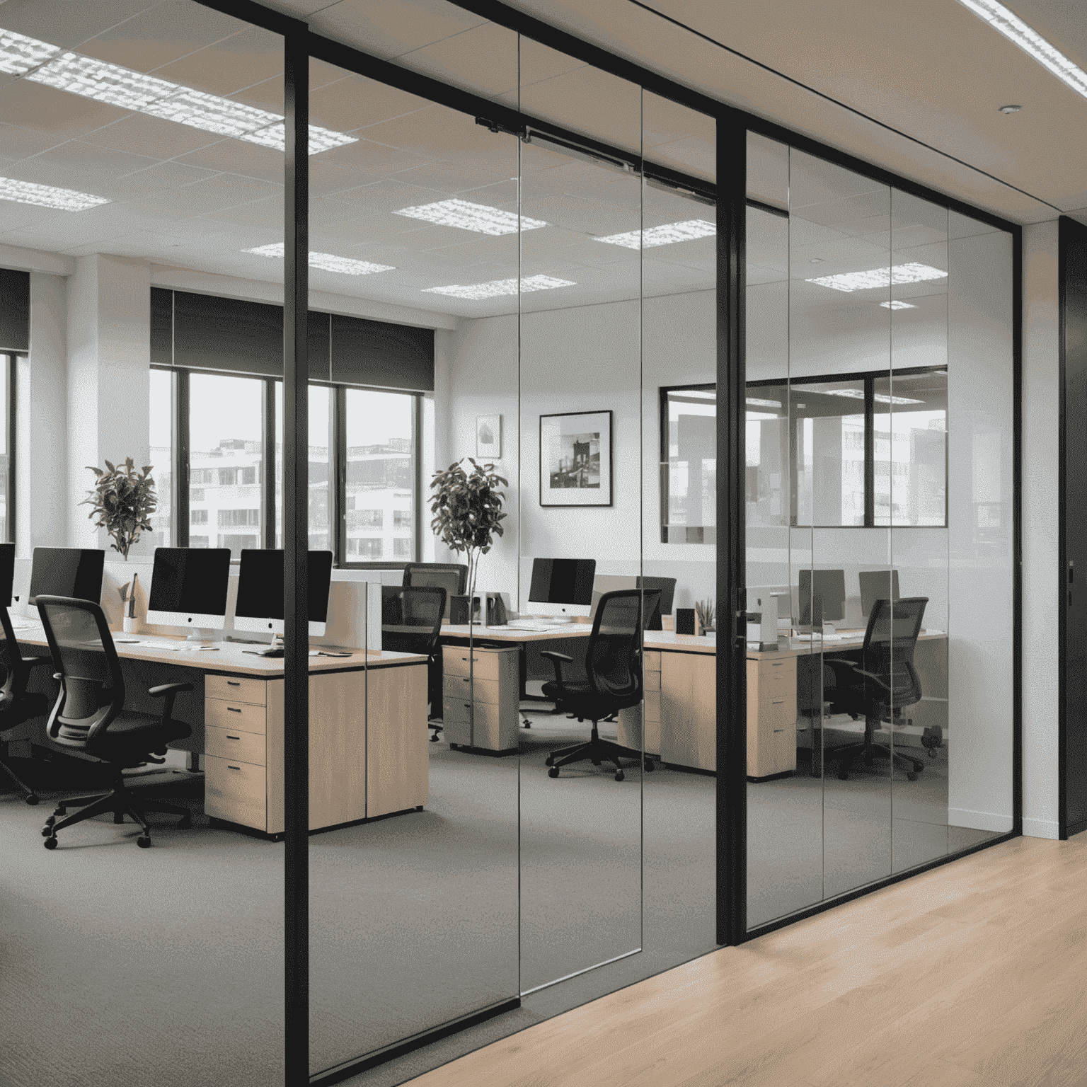 A split image showing a smart glass partition in an open-plan office, one side transparent and the other opaque, demonstrating its privacy features