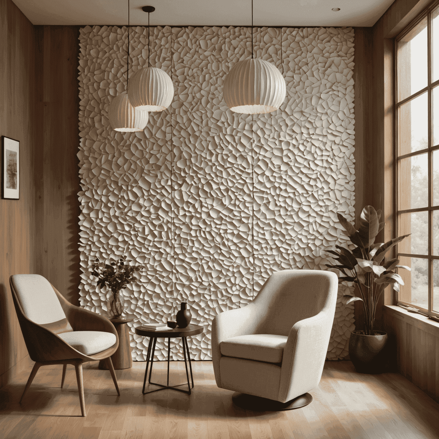 A collection of interior design elements made from recycled plastic, including a textured wall panel, a pendant light, flooring samples, and a sculptural chair