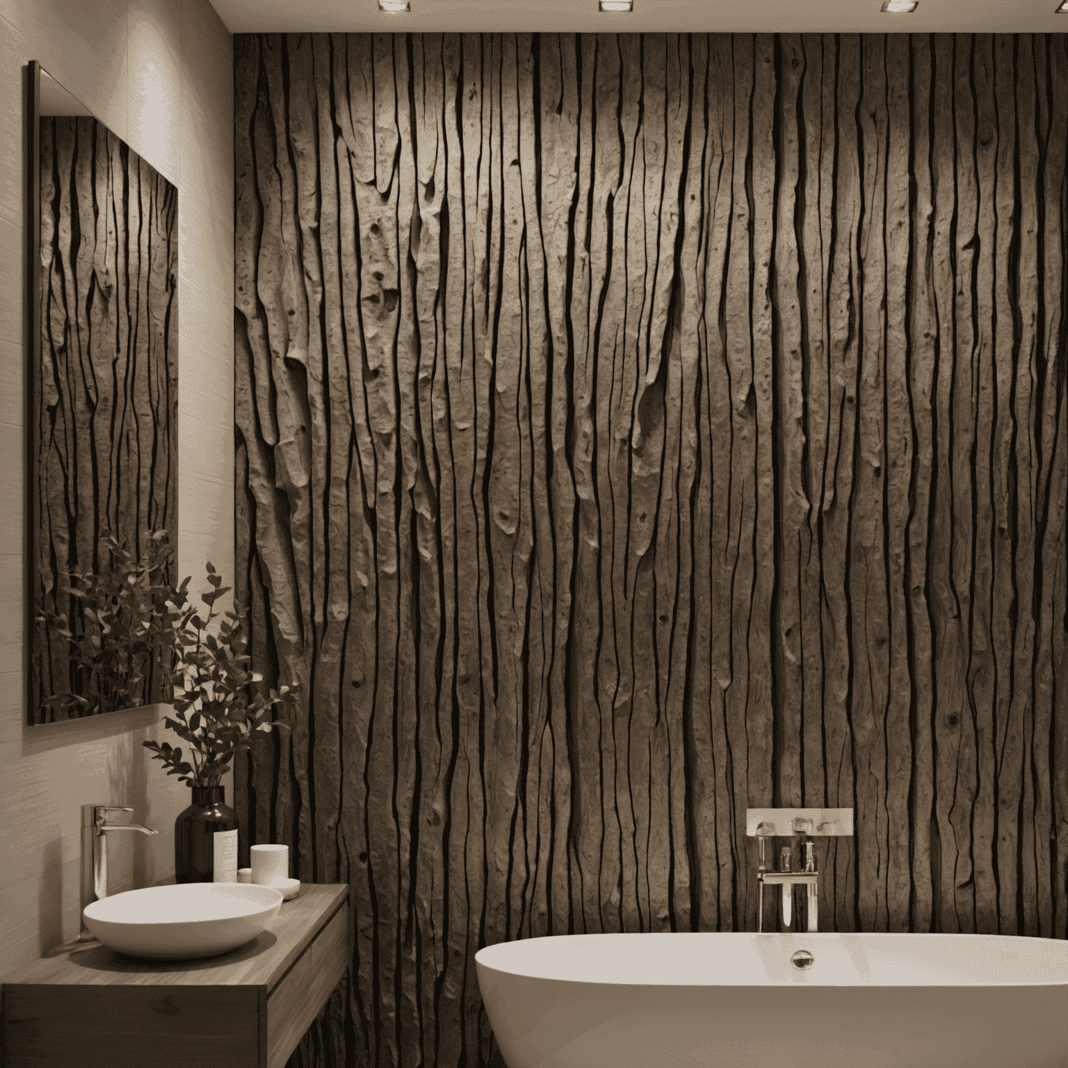 Close-up of a textured wall panel that resembles natural bark, installed in a sleek, modern bathroom setting