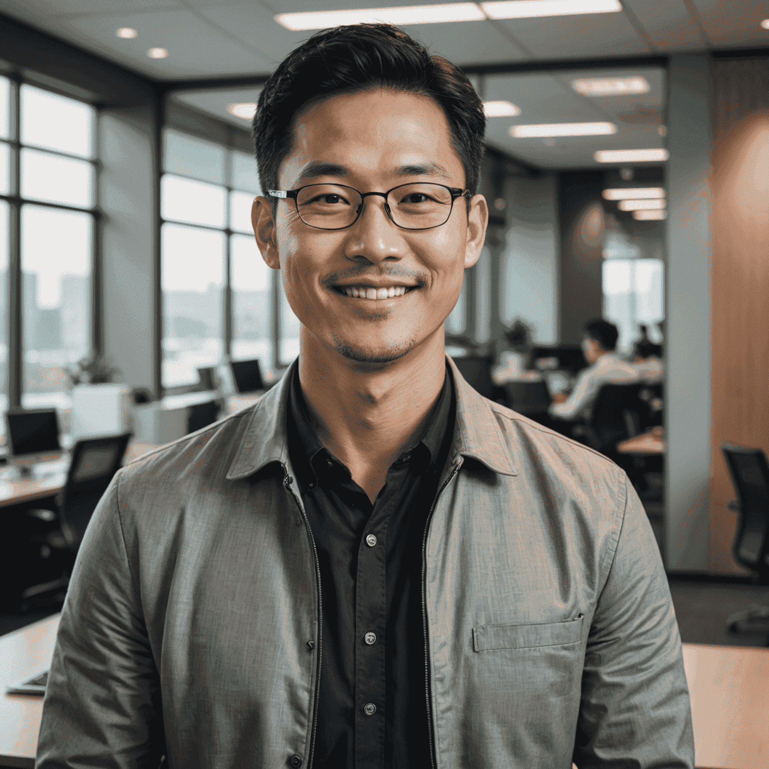 Portrait of Michael Chen, a man in his early 40s with short black hair and a friendly smile. He's wearing a casual yet professional outfit, standing in a modern office space with glass partitions and metallic accents.