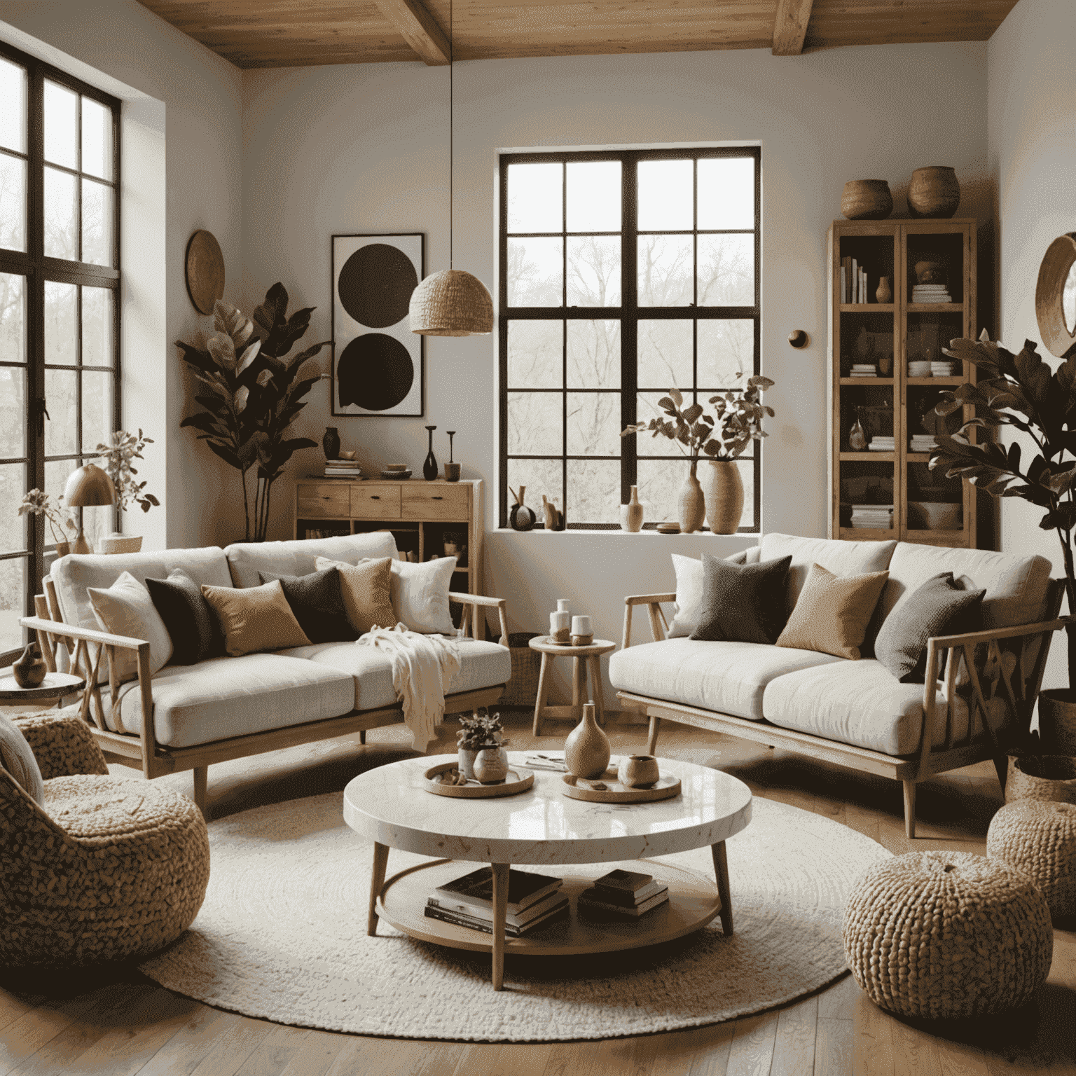 Stylish interior featuring furniture and decor items made from recycled plastic, showcasing various colors and textures