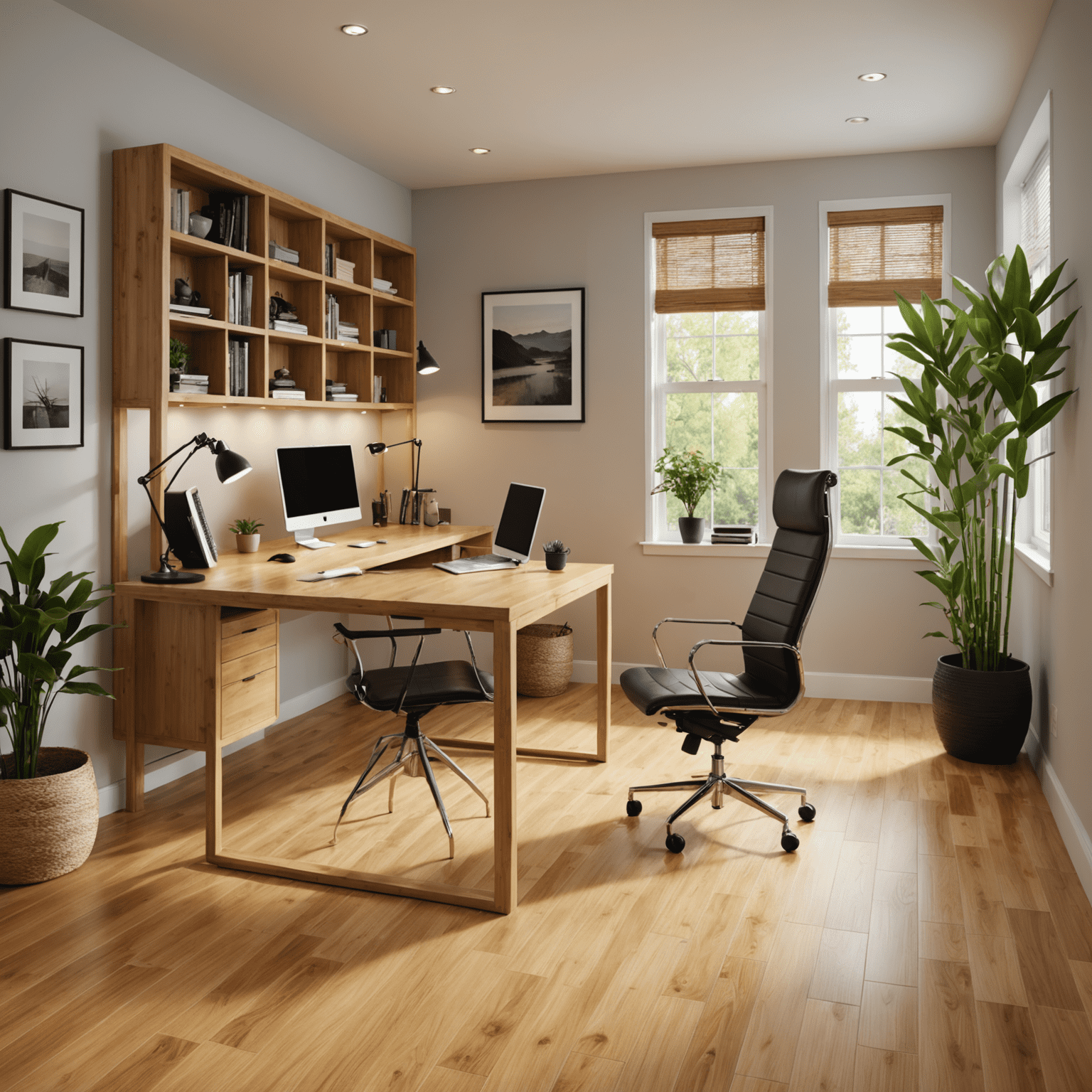 A stylish home office featuring bamboo flooring. The space showcases how bamboo complements modern furniture and technology, creating a warm yet professional atmosphere.