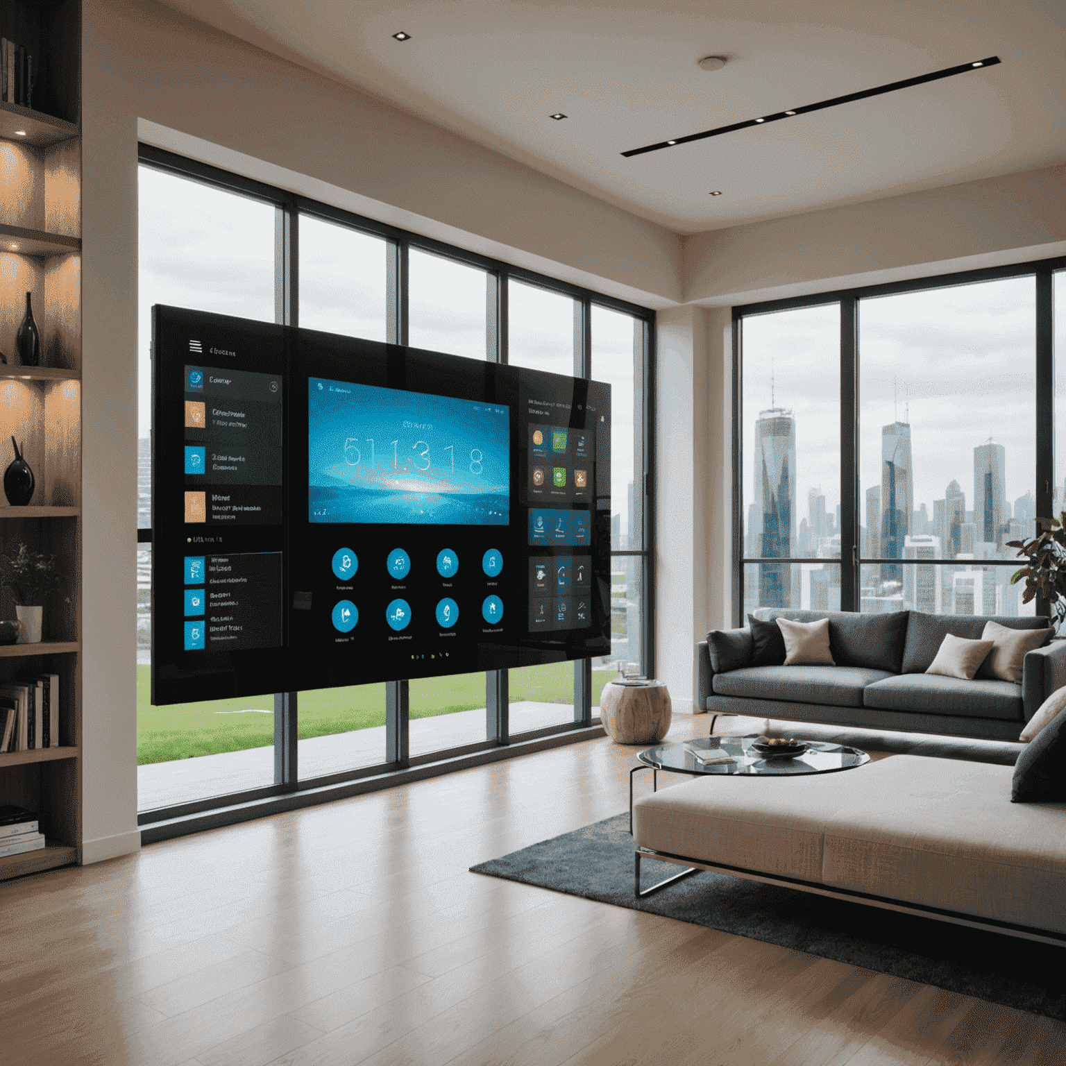 A futuristic smart home interface controlling various smart glass windows and partitions, showcasing the integration of smart glass with home automation systems