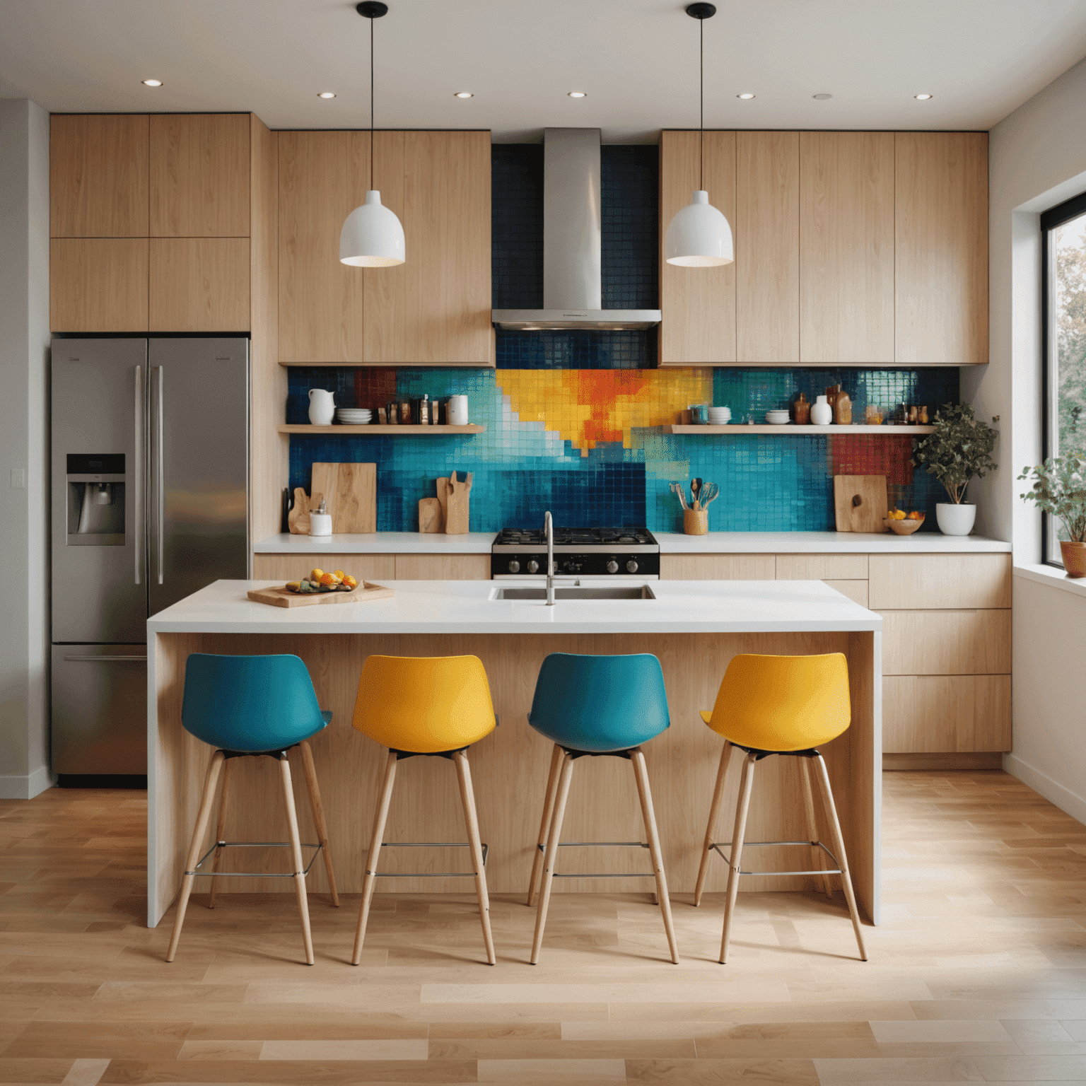 A modern kitchen featuring recycled plastic elements, including a colorful backsplash, sleek cabinet fronts, and ergonomic bar stools