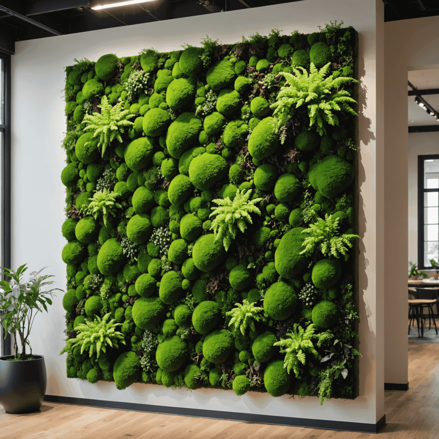 An interior wall featuring a living moss installation that purifies the air and adds a vibrant green texture to the space