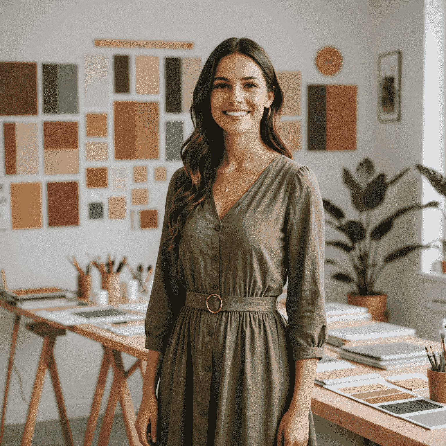 Portrait of Emma Rodriguez, a woman in her late 20s with long brown hair and a warm smile. She's wearing a stylish, minimalist dress and is photographed in a bright, airy studio with various material samples visible in the background.