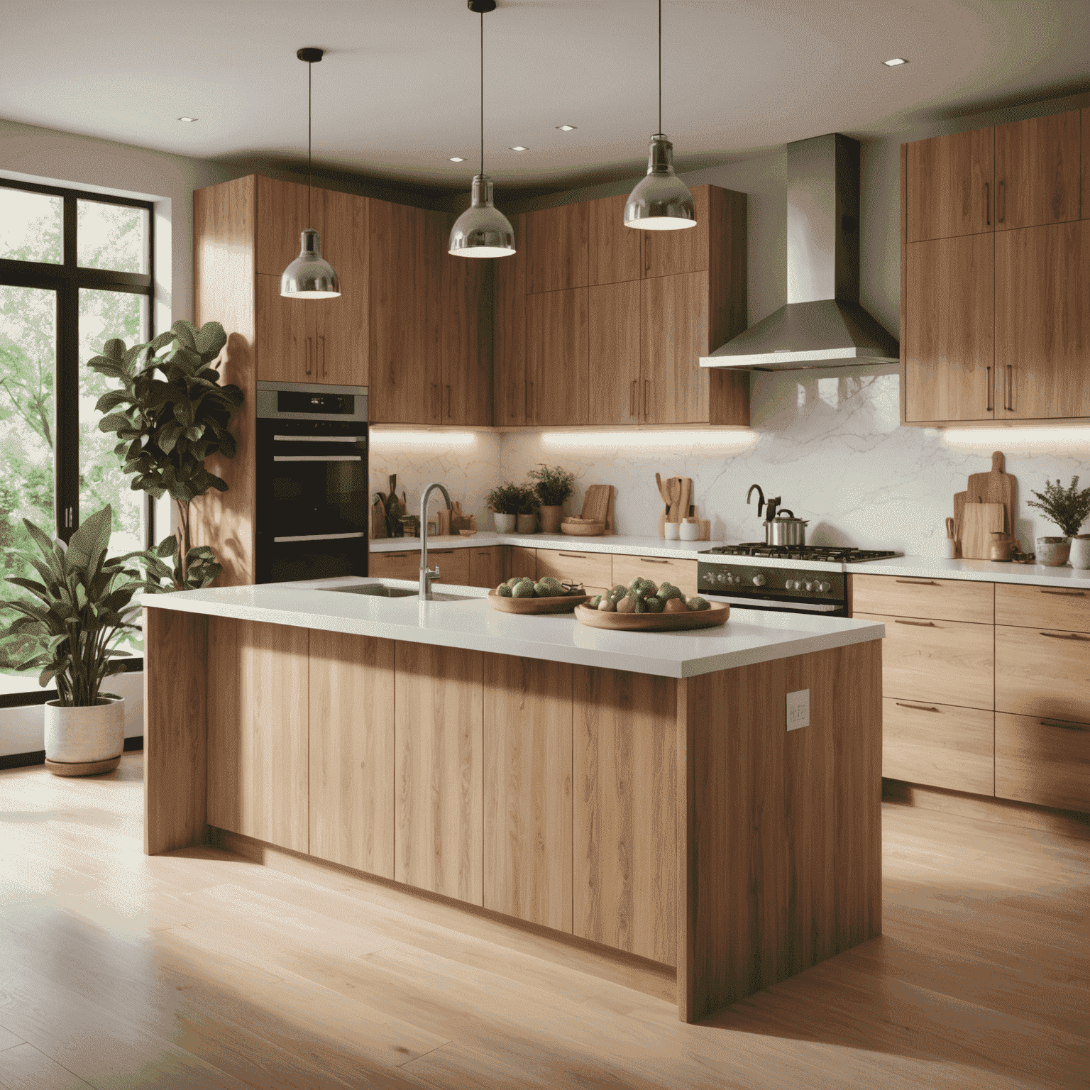 A modern kitchen featuring smart countertops that change color based on temperature, surrounded by natural wood cabinetry and plants