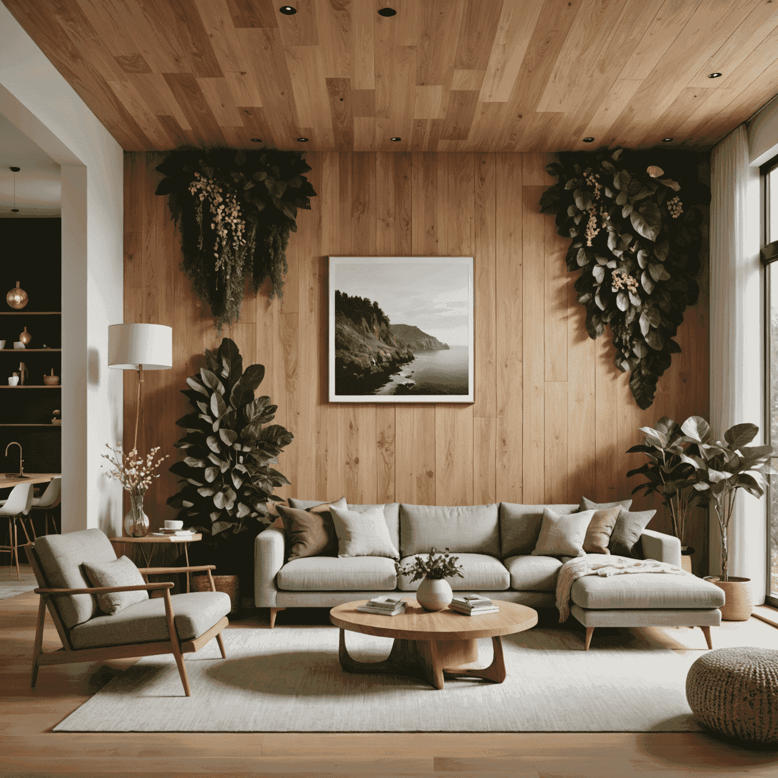 Modern living room incorporating biophilic design elements such as natural wood textures, living walls, and organic-shaped furniture
